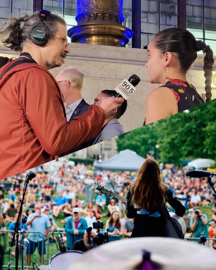 A photo of a woman interviewing a young girl above a photo of a woman playing guitar on stage for a crowd.