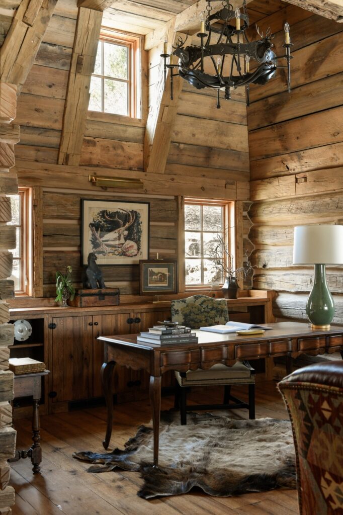 A table and counter in an office in a wood cabin space.