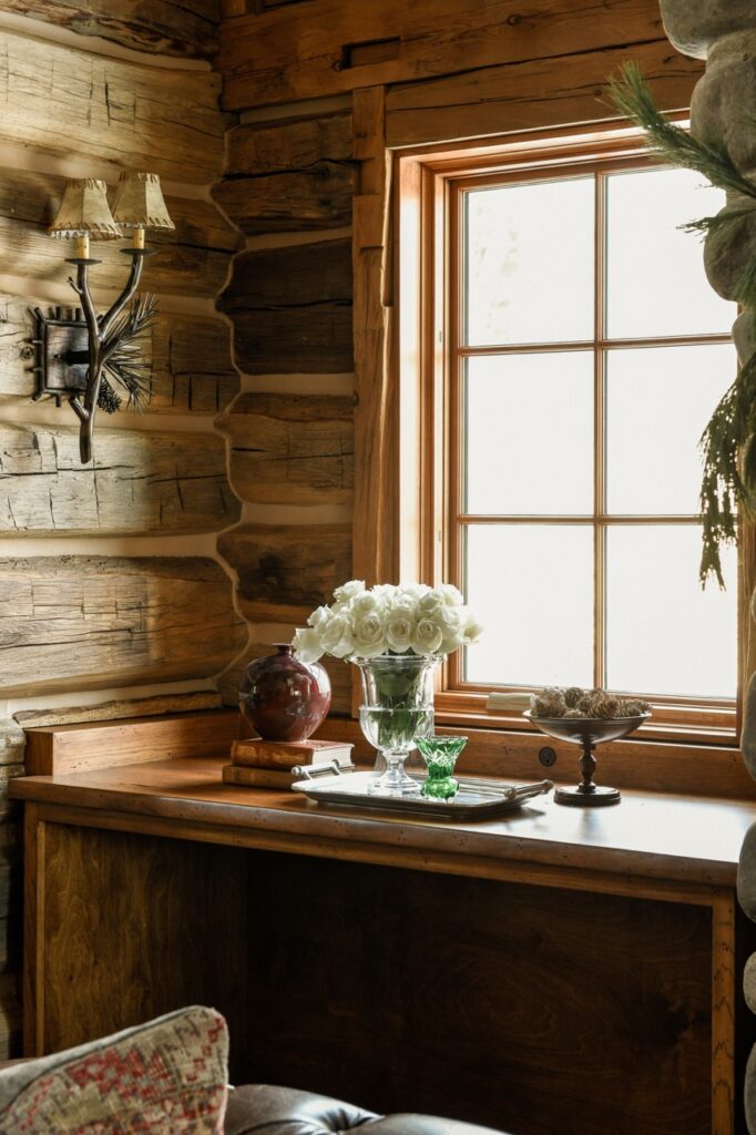 A vase of white flowers on a desk in a cabin space.