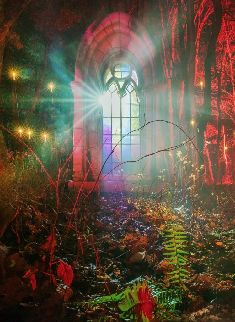 A light shines through a window at Dazzling Nights at Pittsburgh Botanic Garden