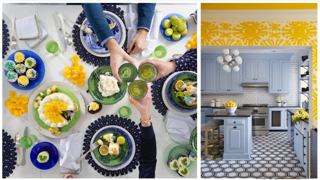 A split image showing a vibrant dining table with yellow and green cake, blue and green plates, and hands holding glasses; and a pale blue kitchen with a patterned yellow entryway, black and white hexagon floor, and a white subway tile backsplash.