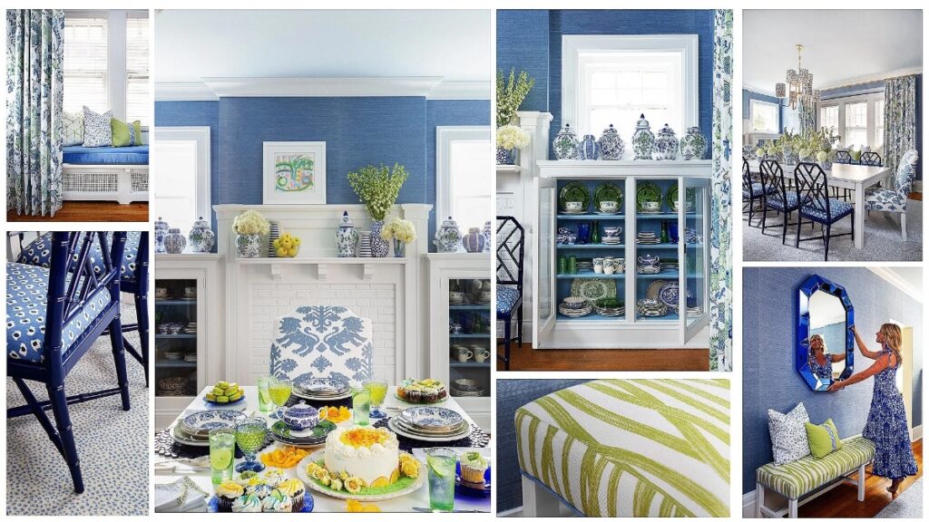 A dark wood dining table in a rustic room with distressed white wood floors, white-framed windows, a red fireplace with tile inlay, and a burgundy feature wall covered in black and white photographic wallpaper.
