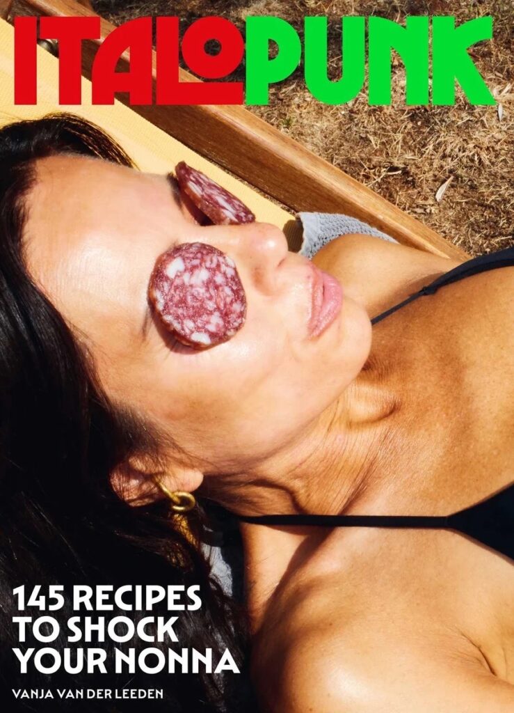 An ItaloPunk cookbook with a woman with salami on her eyes.