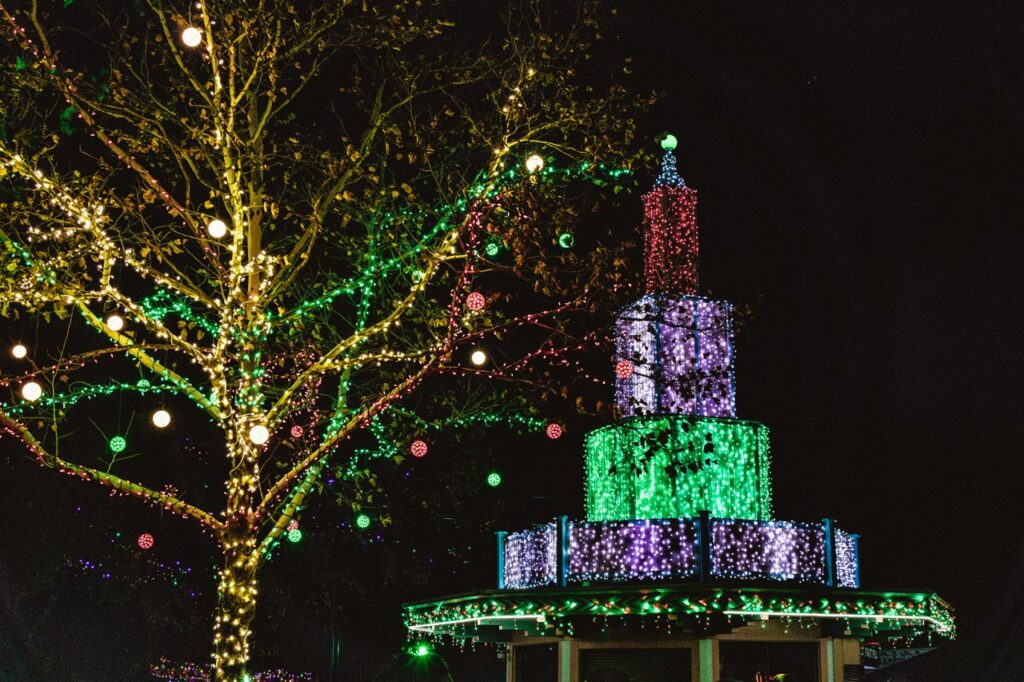 A tree and stand wrapped in red and green lights.