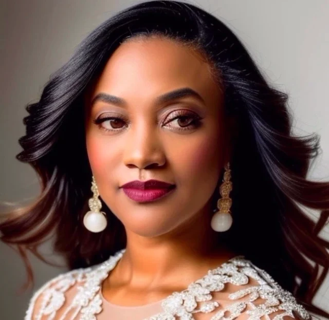 A woman with long dark hair and dangling earrings.