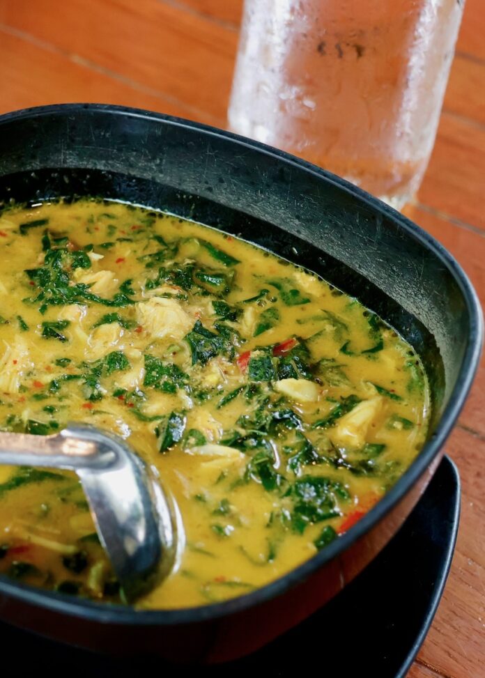 A black bowl of Chicken and Orzo Soup with a silver ladle in it.
