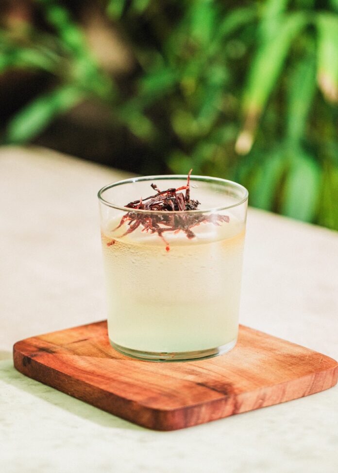 Coco and Mango Milk Punch greenery in the background