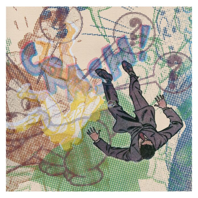 A silkscreen of a man falling through geometric shapes.