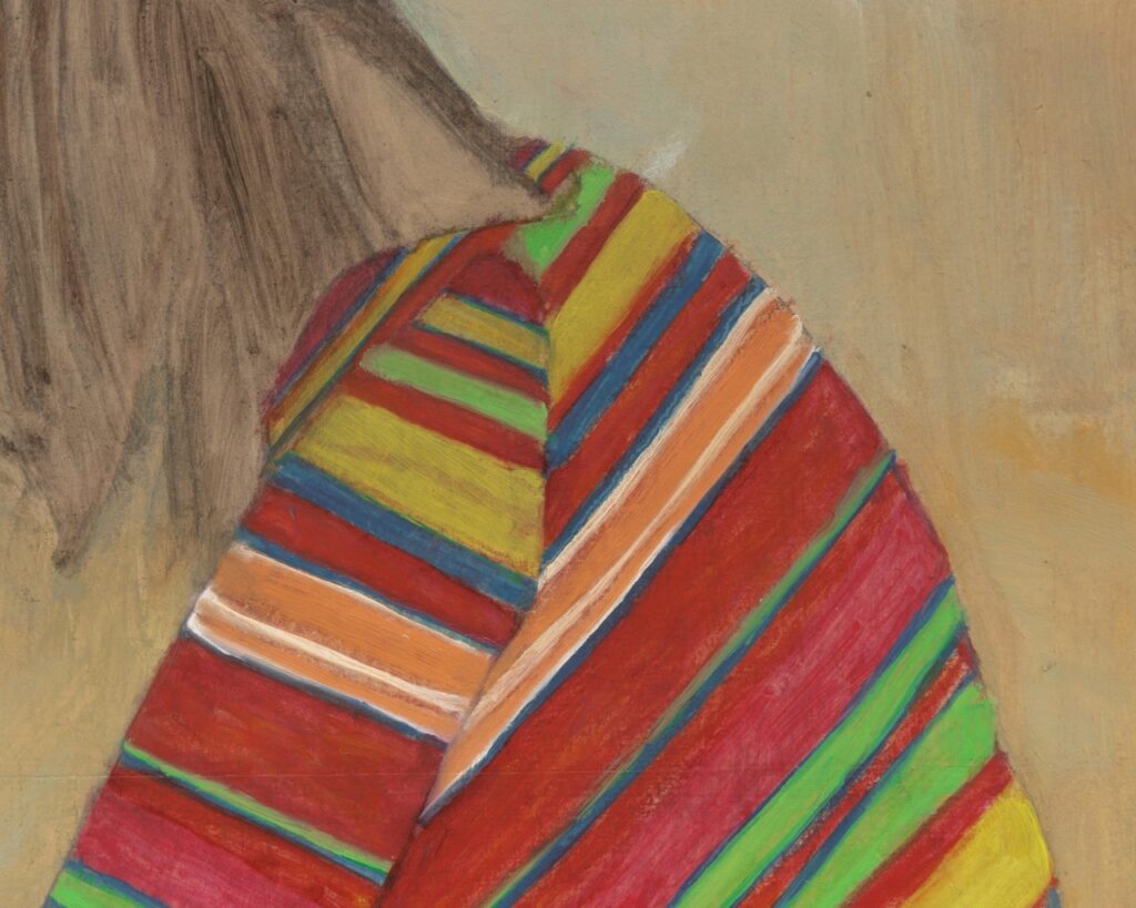 A drawing of a person leaned over in a striped colorful sweater.