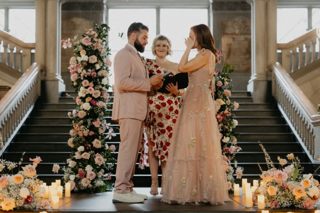 Bride and Groom exchanging vows on the Grand Staircase of the Allegheny County Courthouse in Pittsburgh.