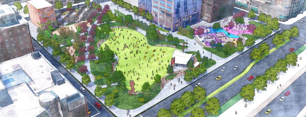 A mockup of grass and trees in the middle of Downtown Pittsburgh.