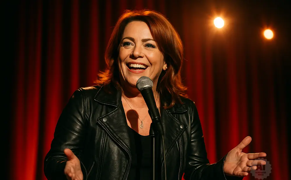 Kathleen Madigan at the mic in front of a red curtain.