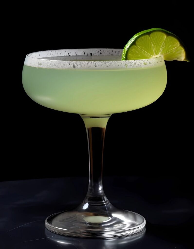 A green last word cocktail in a coupe glass with a lime wedge garnish.