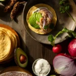 A fresh red snapper ceviche tostada topped with sliced avocado, radishes, and red onion, surrounded by raw ingredients like limes, dried chipotle peppers, and snapper filets.