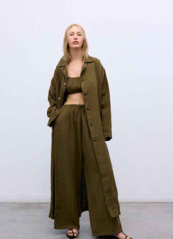 Spring Fashion Trends 2026 TABLE Magazine 4 A woman in a long green trench coat with pants and top to match.