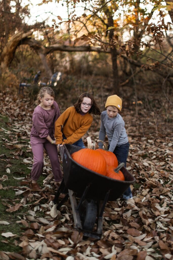 Three children pushing a black wheelbarrow filled with large orange pumpkins through a leaf-covered yard during a fall family gathering.