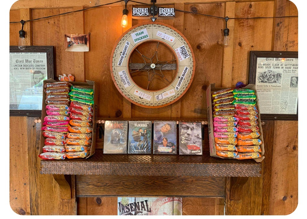 A wheel surrounded by ramen and dvds.