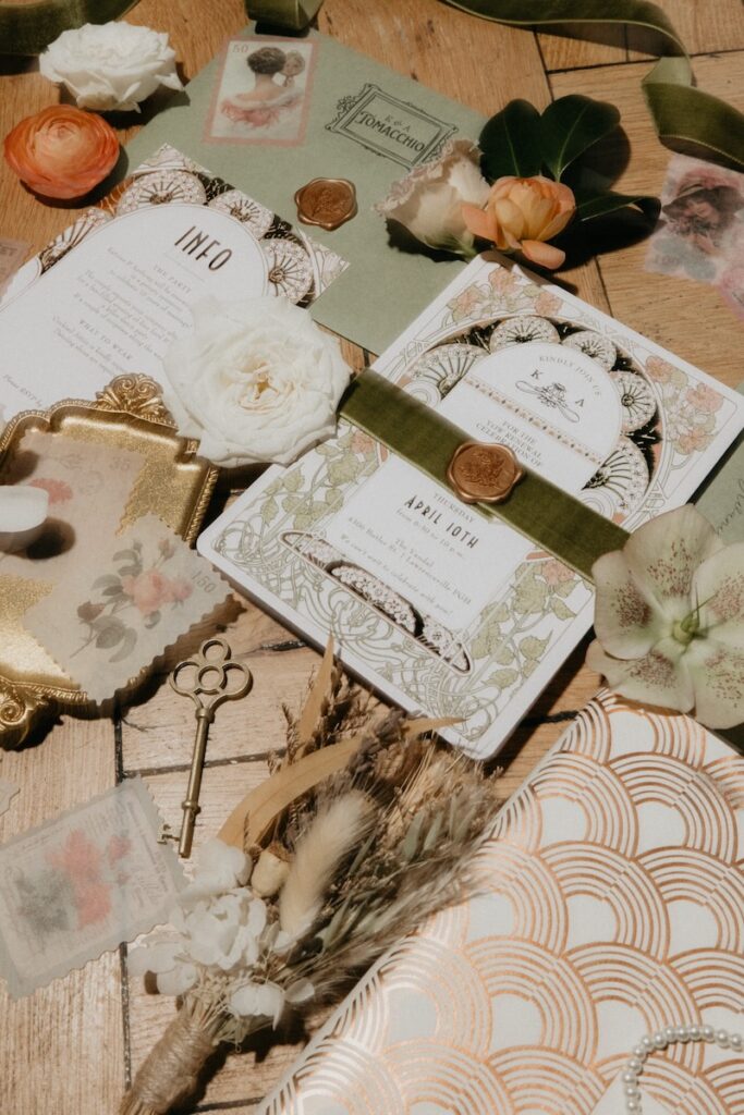 A stack of wedding invitations beside designer information booklets and other knick knacks.
