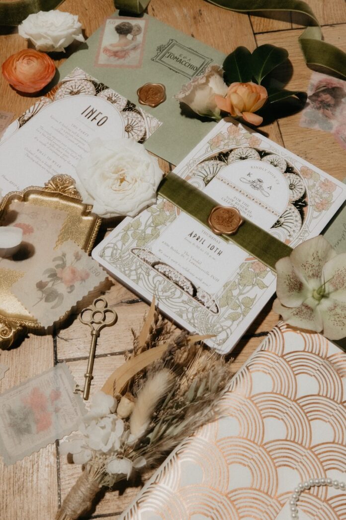 A stack of wedding invitations beside designer information booklets and other knick knacks.