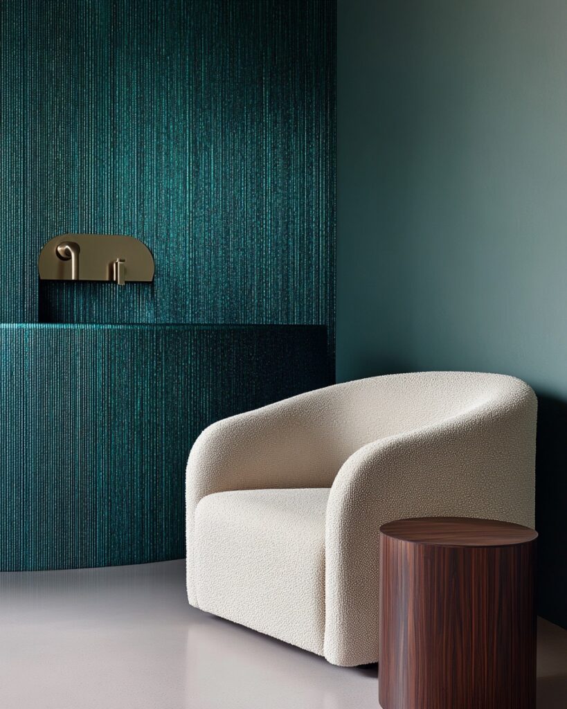 A white rounded chair sits in front of a teal colored wall.