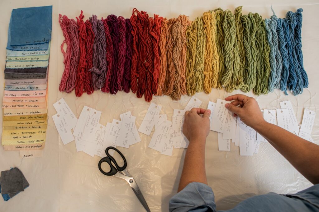 Bundles of fiber spring sit in a rainbow row on a table.