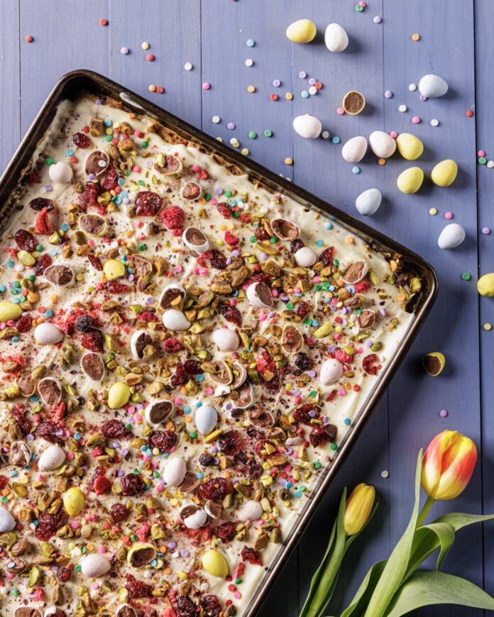 A tray of Easter Crack with half mini chocolate eggs everywhere, eggs above the tray and flowers below it.