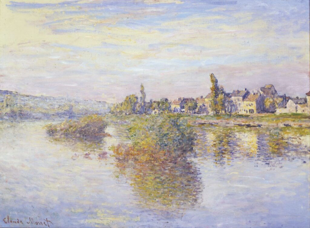 An Impressionist oil painting by Claude Monet featuring shimmering water reflections of a riverside village under a pale, hazy sky.