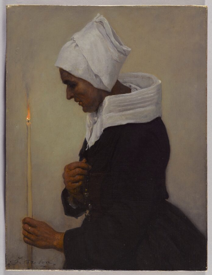 A somber oil painting by Jules Breton depicting a woman in profile wearing a traditional white headpiece and dark clothing while holding a lit candle.