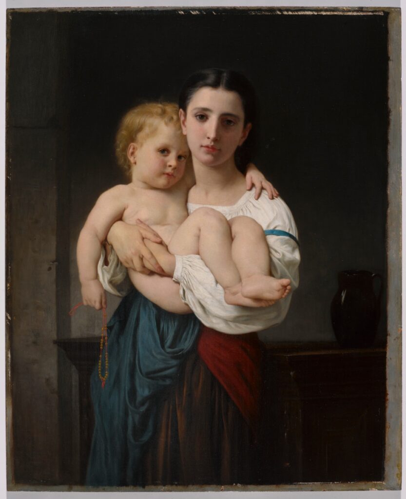 A French Academic oil painting by William-Adolphe Bouguereau depicting a young woman in traditional dress holding a small child in her arms.