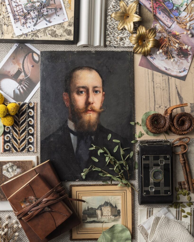 An interior design mood board by Eddie Maestri featuring vintage French flea market finds, architectural sketches of Château de Gudanes, and luxury textiles from Schumacher and de Le Cuona.