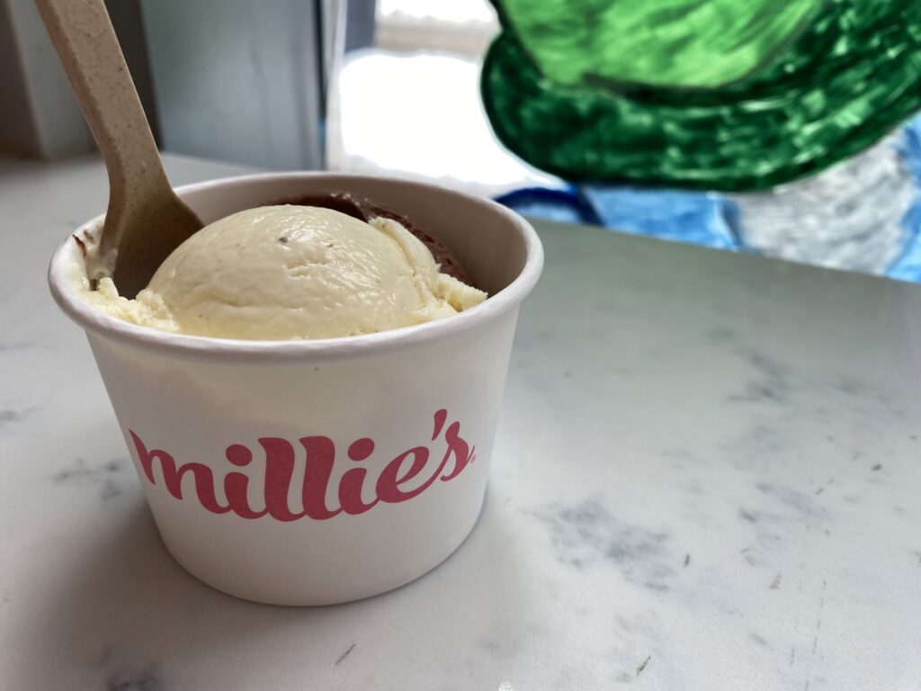 Scoop of vanilla ice cream in a white cup.