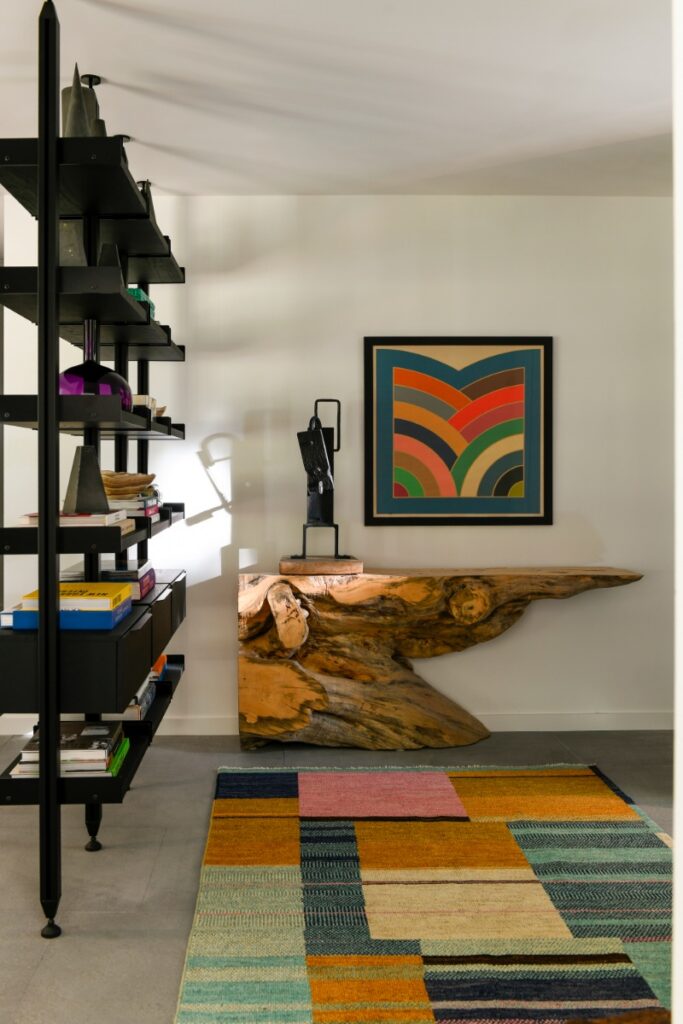 A sophisticated entryway in Fox Chapel featuring a Frank Stella geometric art piece, a dramatic live-edge wood console table, a colorful geometric block rug, and a black open shelving unit.