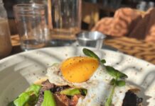 Pittsburgh Menu Highlights from Hungry Jess: April 2026 A plate with a breakfast scramble and egg on top.