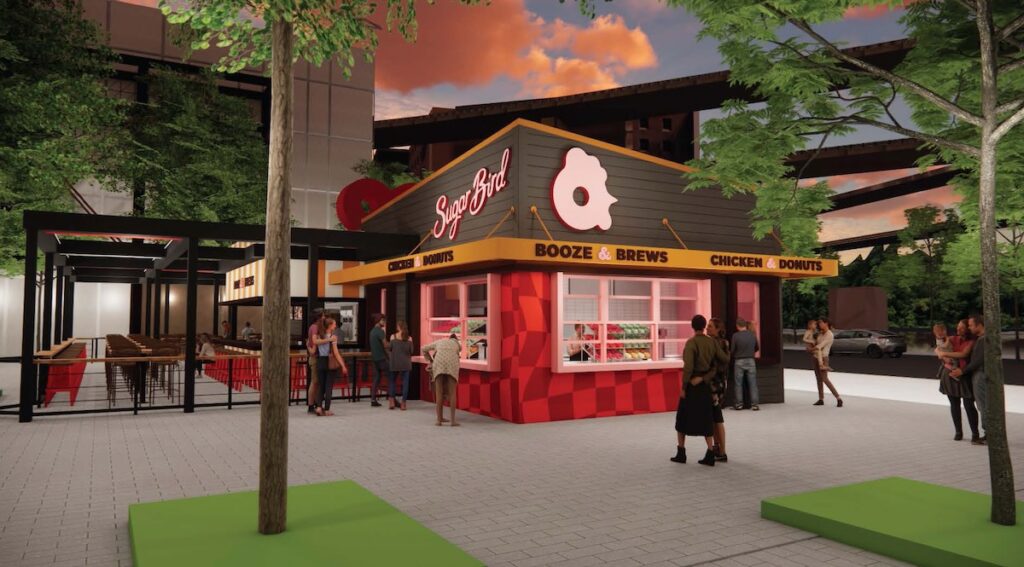 The outside of SugarBird with a red checker pattern as people walk up to the building.