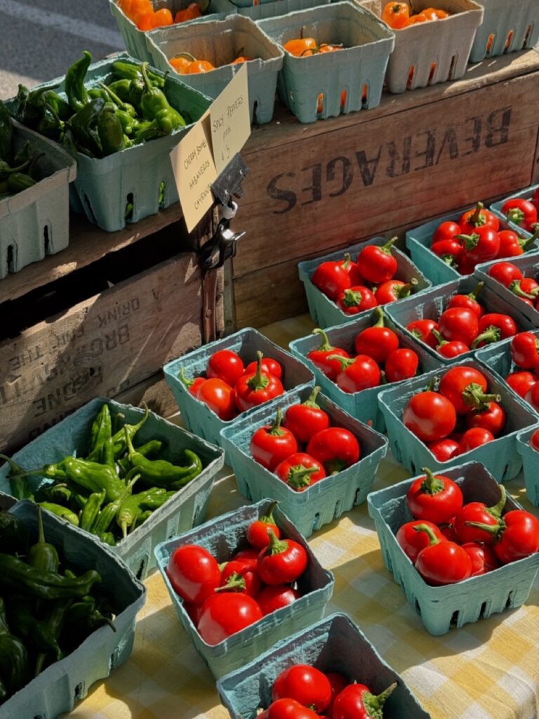 Vegetable baskets full of tomatoes.