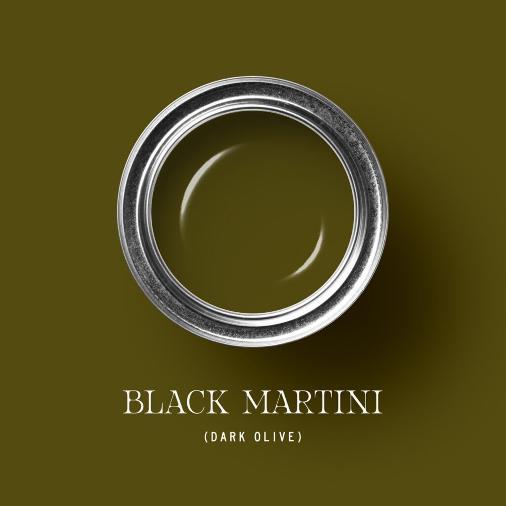 Olive green paint in a bucket for Black Martini by Tonester Paints.