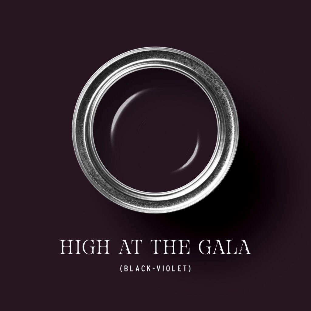 A swatch of dark purple in a paint bucket for High at the Gala by Tonester.