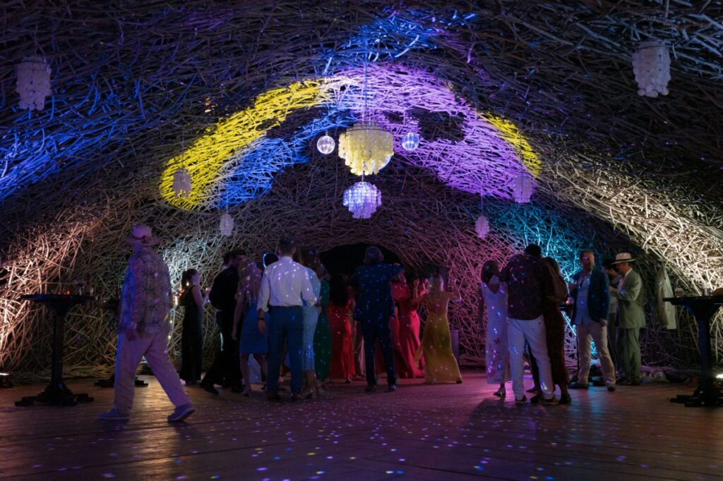 Wedding guests dancing under the stars in a unique, cavernous woven structure illuminated by colorful purple, blue, and yellow stage lights.