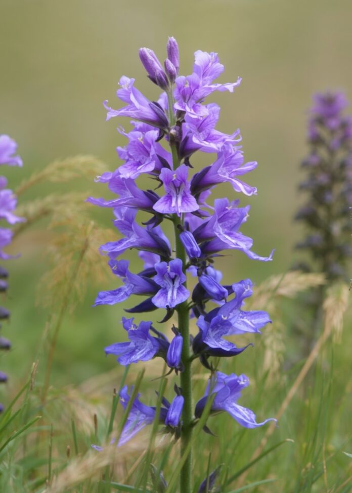 A tall purple flower with blooms all around it.