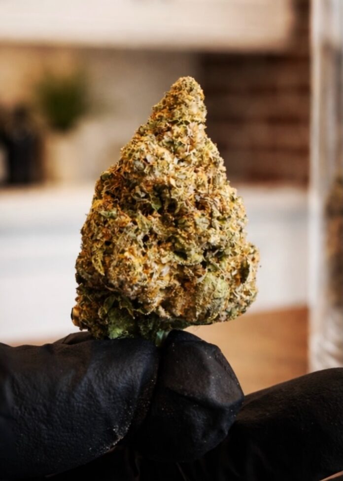 A shop-owner in Pittsburgh holds up a large bud of THC/cannabis flower.