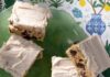 Bourbon Cookie Bars Bourbon Cookie Bars sit frosted on a green plate.
