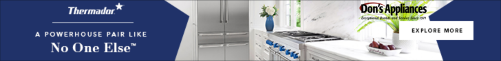 A banner for Don's Appliances with a kitchen fridge, stove, and counter in frame. 