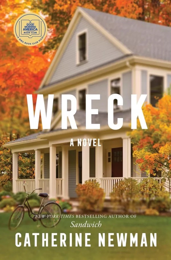 A cover of the book "Wreck" with a house on the front and an orange sky. 