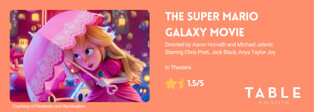 A graphic for The Super Mario Galaxy Movie with a 1 1/2 out of 5 star rating and a photo of Princess Peach in the movie.