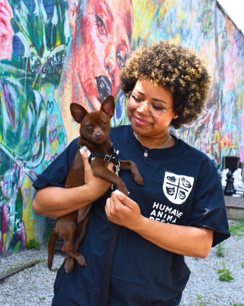 A woman with curly hair holds a small dog against her blue Pittsburgh animal rescue shirt.