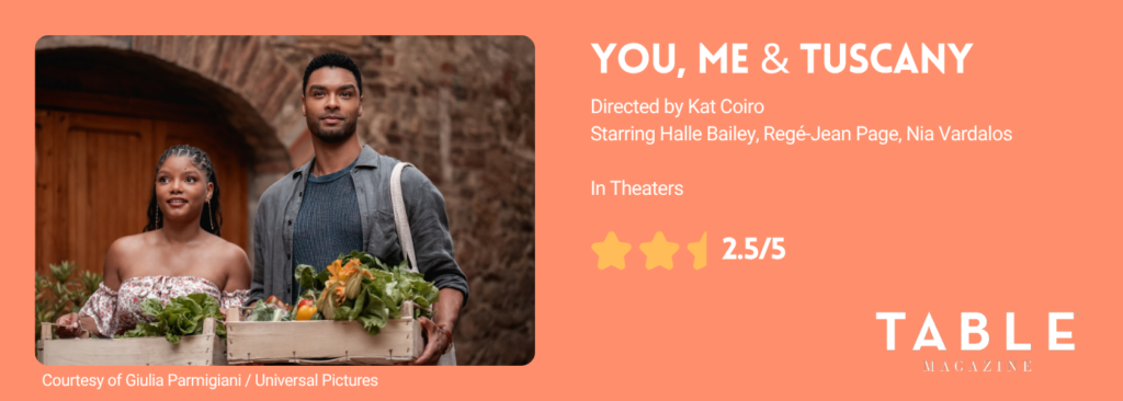 A rating graphic for You, Me & Tuscany of 2 1/2 out of 5 stars with a picture of Halle Bailey and Regé-Jean Page together. 