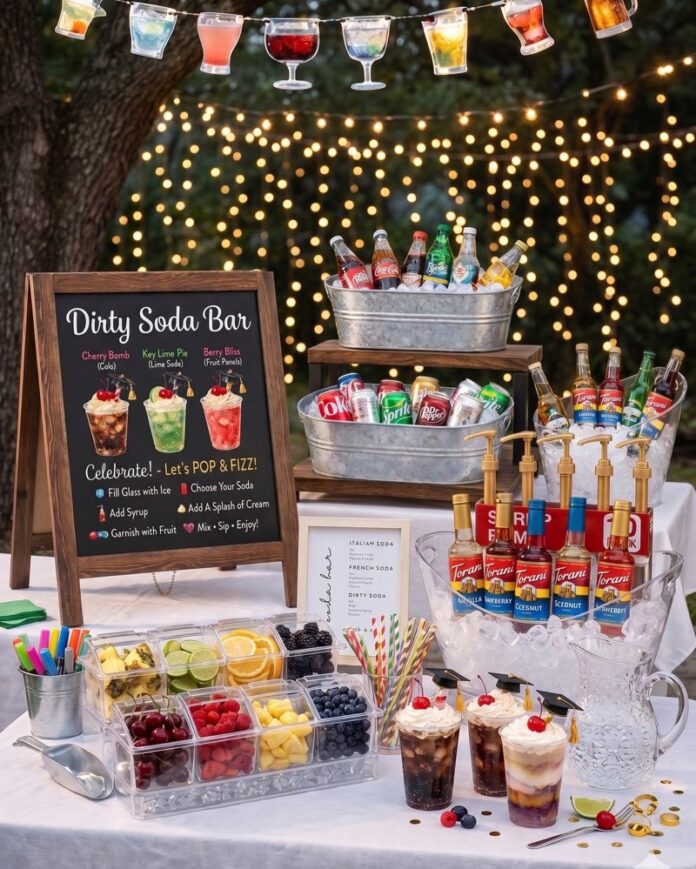 A photo of a Dirty Soda Bar with sodas, syrups, and fresh fruits in front of a lighted tree outside.