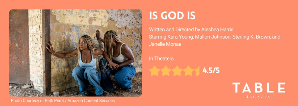 Is God Is Movie Rating 4.5/5 stars with a photo of two women hiding behind a wall from the film.