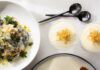 Where to Eat Italian Food in Pittsburgh A white plate with a chicken parm stacked high with toppings beside a bowl of pasta and two dishes of lemon tiramisu.