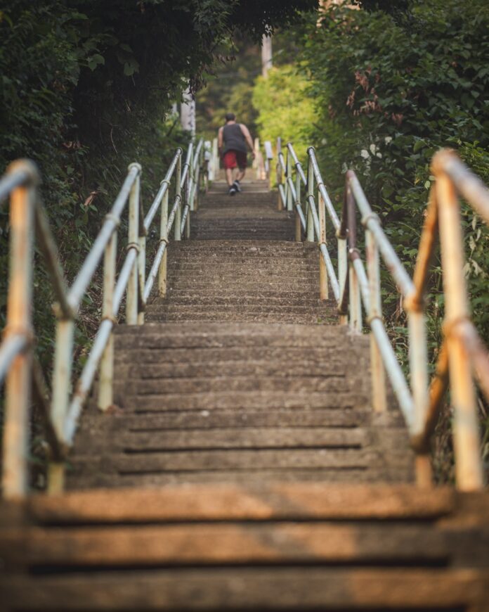 City steps in Pittsburgh with a person walking up a staircase outside.